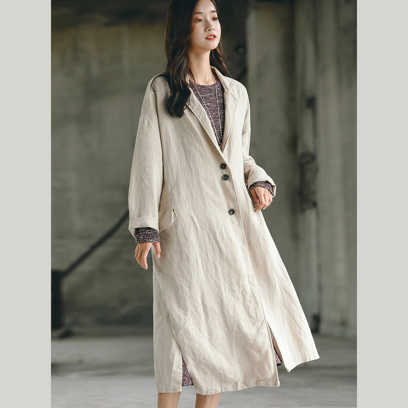 Nude Long Coat Oversize Notched Trench Coat Side Open Baggy Coat