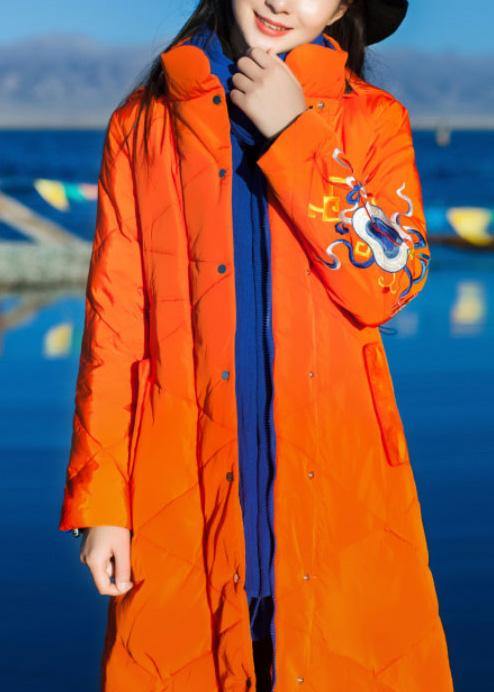Orange Down Coat Winter Hooded Parka Side Open Zippered Winter Outwear