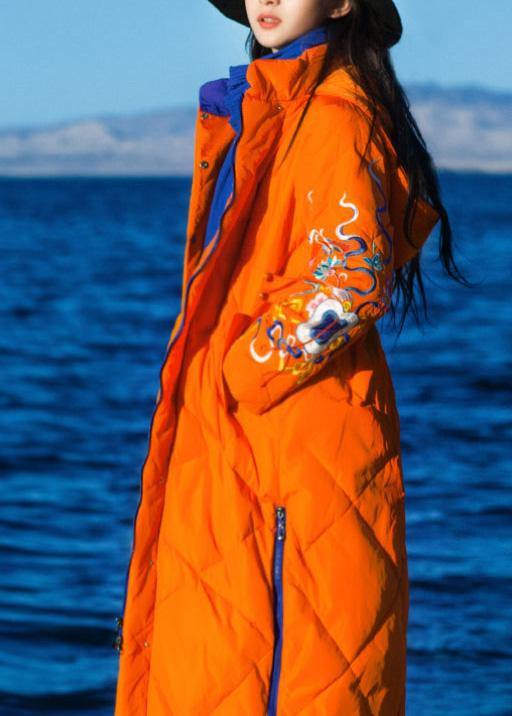 Orange Down Coat Winter Hooded Parka Side Open Zippered Winter Outwear