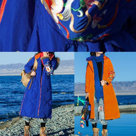 Orange Down Coat Winter Hooded Parka Side Open Zippered Winter Outwear
