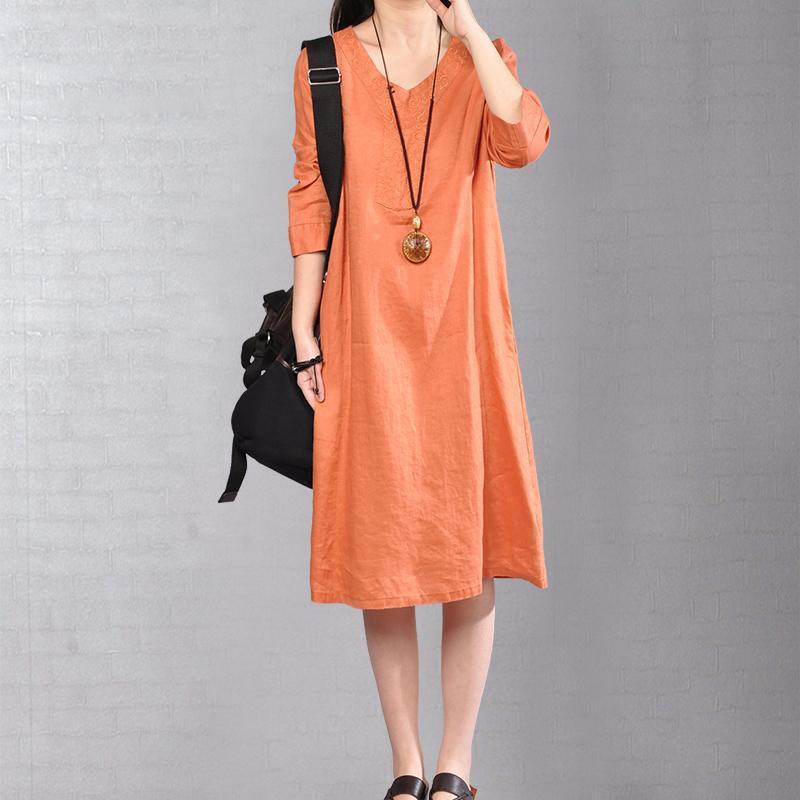 Orange Linen Dresses Clothing Traveling Clothing Bracelet Sleeved O Neck Cotton Clothing