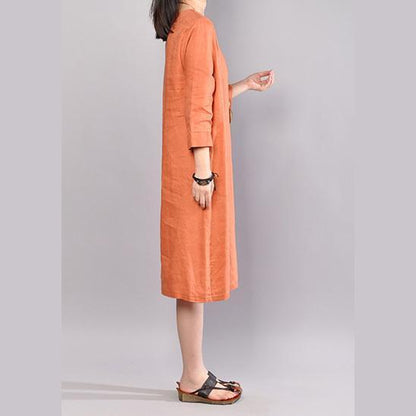 Orange Linen Dresses Clothing Traveling Clothing Bracelet Sleeved O Neck Cotton Clothing