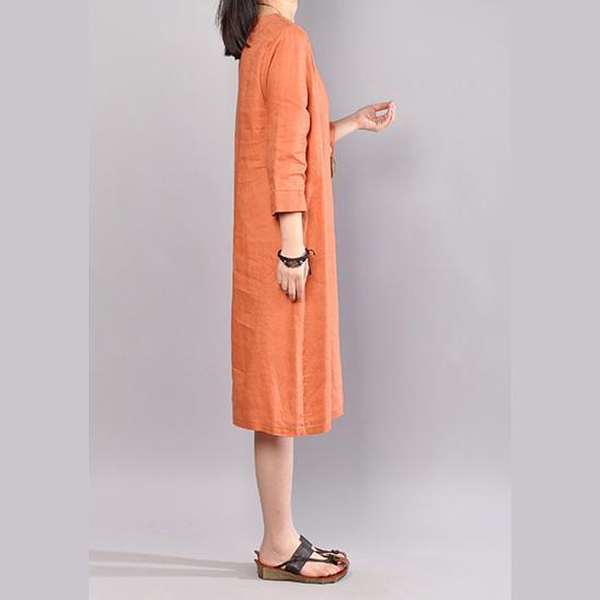 Orange Linen Dresses Clothing Traveling Clothing Bracelet Sleeved O Neck Cotton Clothing