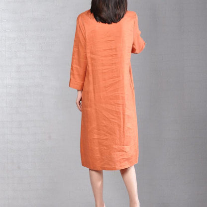 Orange Linen Dresses Clothing Traveling Clothing Bracelet Sleeved O Neck Cotton Clothing