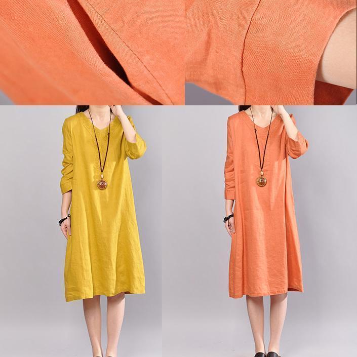 Orange Linen Dresses Clothing Traveling Clothing Bracelet Sleeved O Neck Cotton Clothing