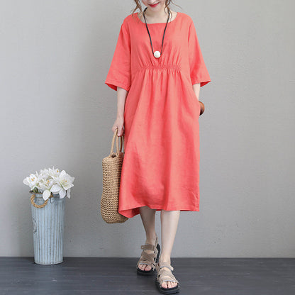 Orange Red Linen Dresses Tunic Linen Clothing Dresses Boutique Bracelet Sleeved Gown