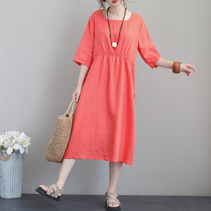 Orange Red Linen Dresses Tunic Linen Clothing Dresses Boutique Bracelet Sleeved Gown