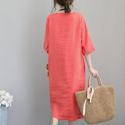 Orange Red Linen Dresses Tunic Linen Clothing Dresses Boutique Bracelet Sleeved Gown