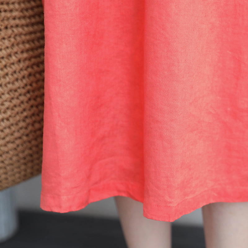 Orange Red Linen Dresses Tunic Linen Clothing Dresses Boutique Bracelet Sleeved Gown