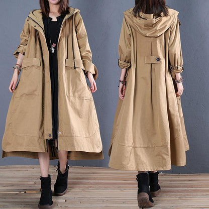 Oversize Long Winter Coat Fall Khaki Hooded Low High Design Jackets