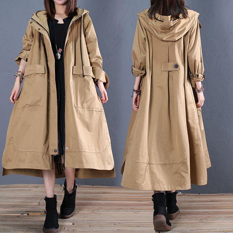 Oversize Long Winter Coat Fall Khaki Hooded Low High Design Jackets