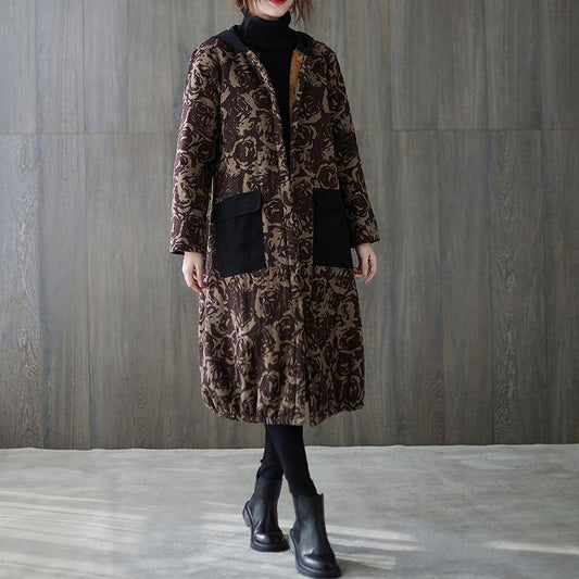 Oversize Winter Coats Chocolate Print Hooded Pockets Coats