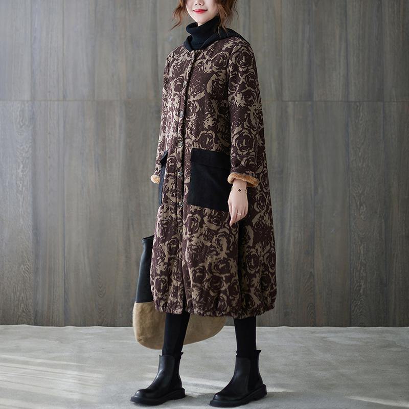 Oversize Winter Coats Chocolate Print Hooded Pockets Coats