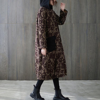 Oversize Winter Coats Chocolate Print Hooded Pockets Coats