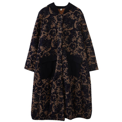 Oversize Winter Coats Chocolate Print Hooded Pockets Coats
