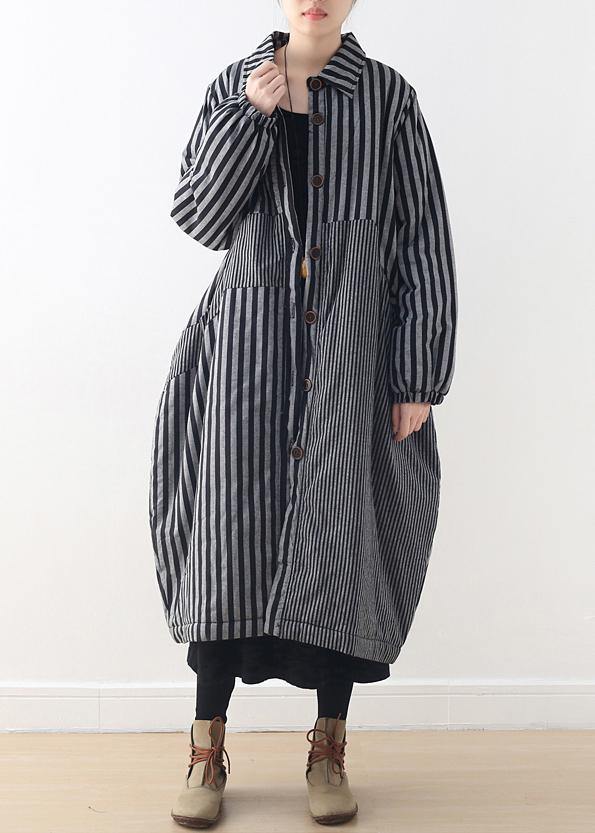 Oversize Winter Jacket Polo Collar Outwear Gray Striped Patchwork Thick Parka