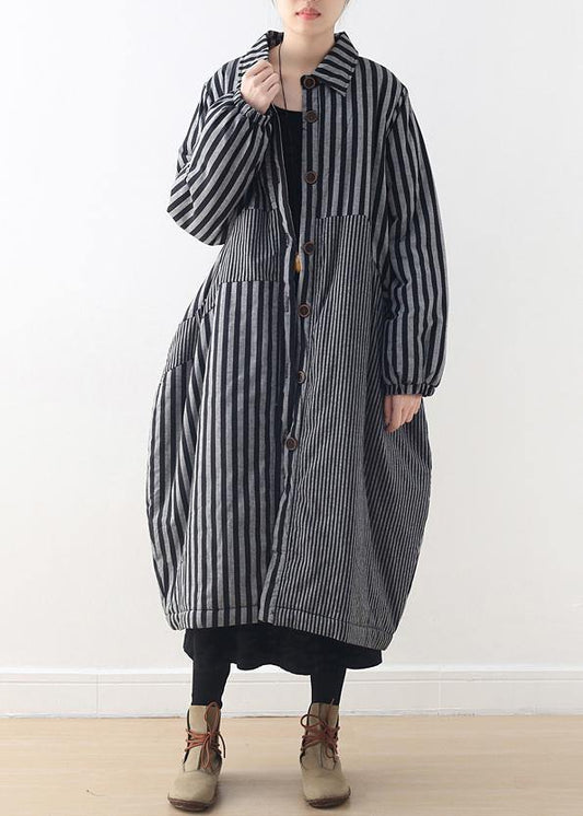 Oversize Winter Jacket Polo Collar Outwear Gray Striped Patchwork Thick Parka