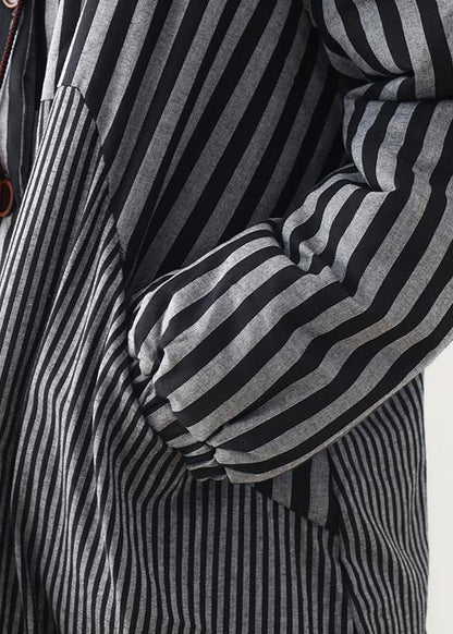 Oversize Winter Jacket Polo Collar Outwear Gray Striped Patchwork Thick Parka