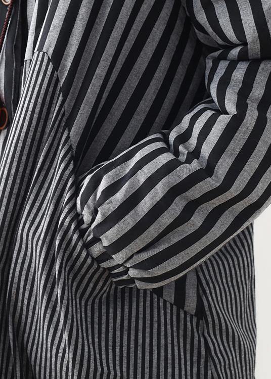 Oversize Winter Jacket Polo Collar Outwear Gray Striped Patchwork Thick Parka