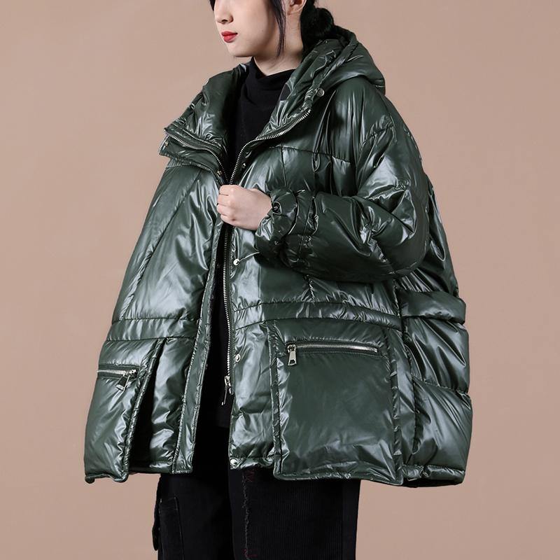 Oversize Winter Jacket Coats Blackish Green Hooded Zippered Down Coat