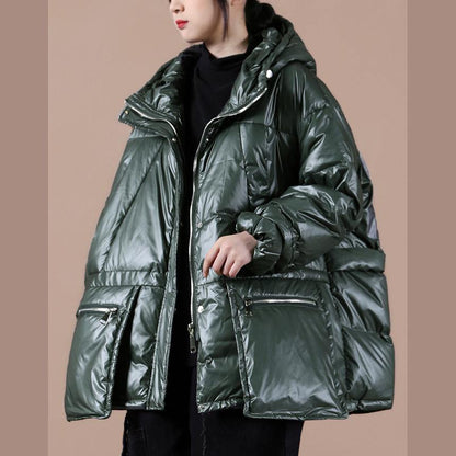 Oversize Winter Jacket Coats Blackish Green Hooded Zippered Down Coat