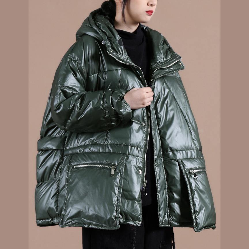 Oversize Winter Jacket Coats Blackish Green Hooded Zippered Down Coat
