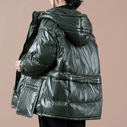 Oversize Winter Jacket Coats Blackish Green Hooded Zippered Down Coat