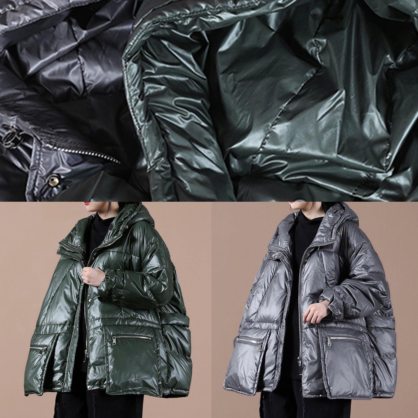 Oversize Winter Jacket Coats Blackish Green Hooded Zippered Down Coat