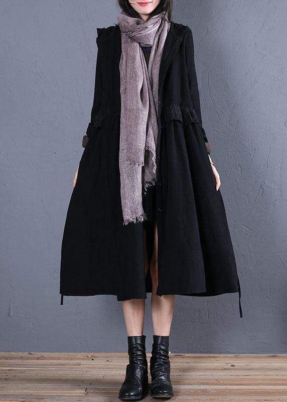 Oversized Trench Coat Fall Black Hooded Ruffles Overcoat