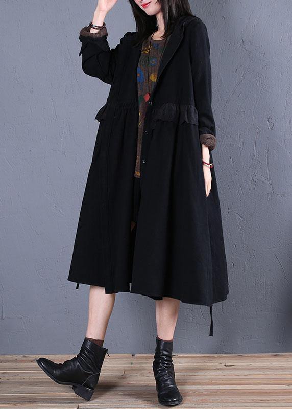 Oversized Trench Coat Fall Black Hooded Ruffles Overcoat