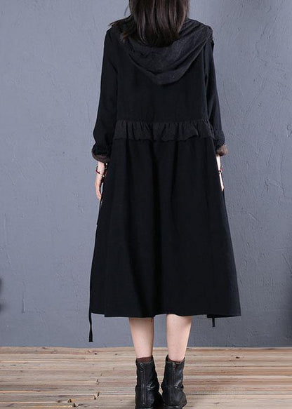Oversized Trench Coat Fall Black Hooded Ruffles Overcoat