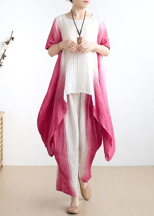 Pink O Neck Asymmetric Tops +elastic Waist Wide Leg Pants