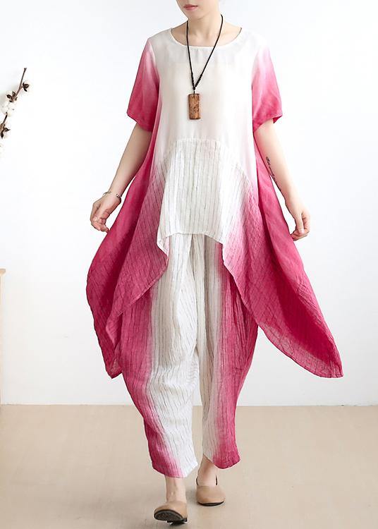 Pink O Neck Asymmetric Tops +elastic Waist Wide Leg Pants