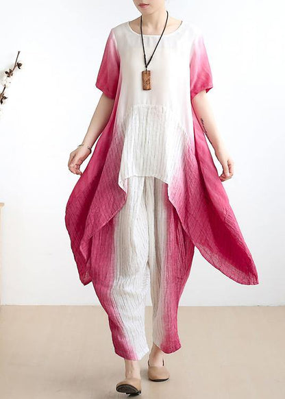 Pink O Neck Asymmetric Tops +elastic Waist Wide Leg Pants