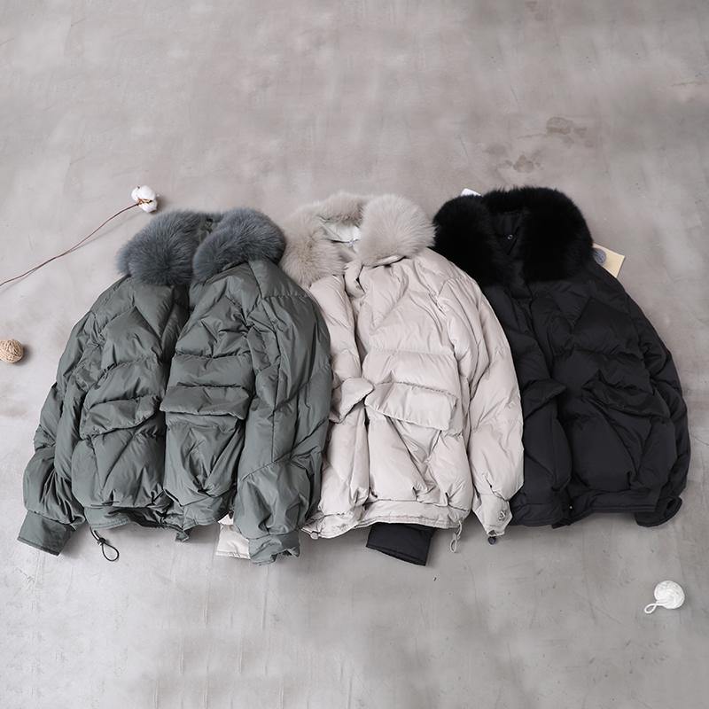 Clothing Down Jacket Winter Outwear Black Fur Collar Drawstring Down Jacket Woman