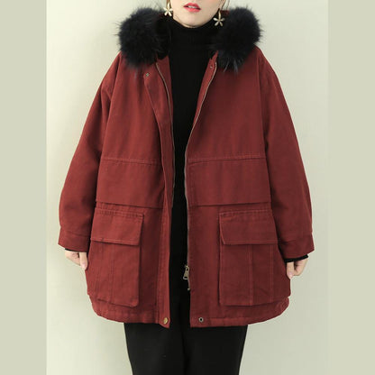 Clothing Winter Jacket Outwear Red Hooded Faux Fur Collar Overcoat