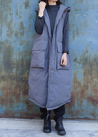 Clothing Winter Jacket Stand Collar Coats Dark Gray Hooded Sleeveless Coats