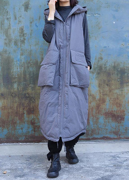 Clothing Winter Jacket Stand Collar Coats Dark Gray Hooded Sleeveless Coats
