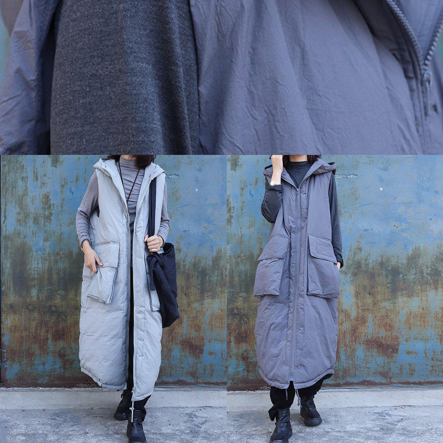 Clothing Winter Jacket Stand Collar Coats Dark Gray Hooded Sleeveless Coats