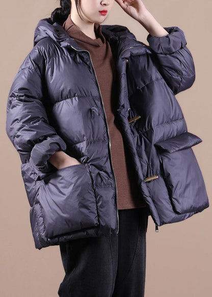 Down Jacket Black Hooded Pockets Goose Down Coat