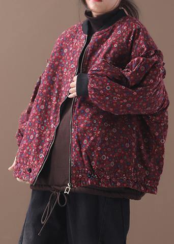 Down Jacket Zippered Outwear Red Patchwork O Neck Short Coats