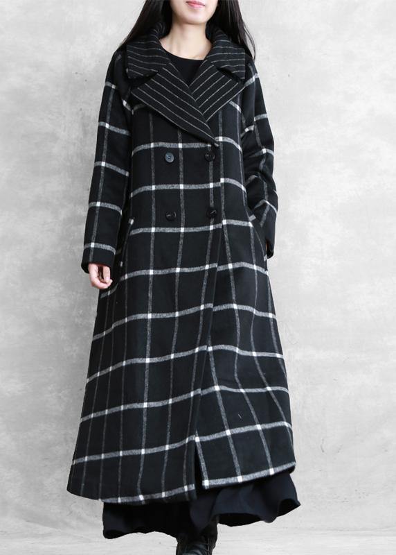 Long Coats Woolen Outwear Black Plaid Notched Tie Waist Woolen Overcoat