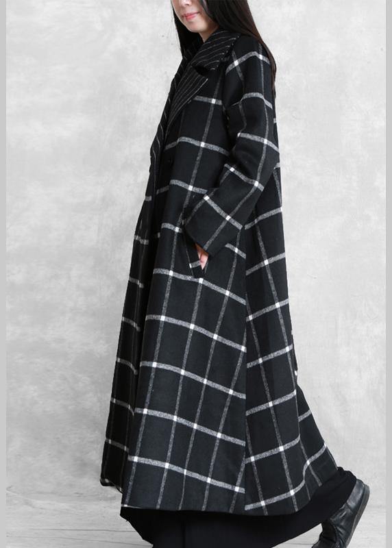 Long Coats Woolen Outwear Black Plaid Notched Tie Waist Woolen Overcoat