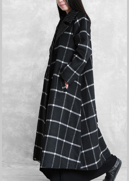 Long Coats Woolen Outwear Black Plaid Notched Tie Waist Woolen Overcoat