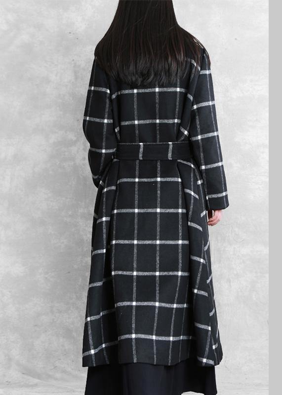 Long Coats Woolen Outwear Black Plaid Notched Tie Waist Woolen Overcoat