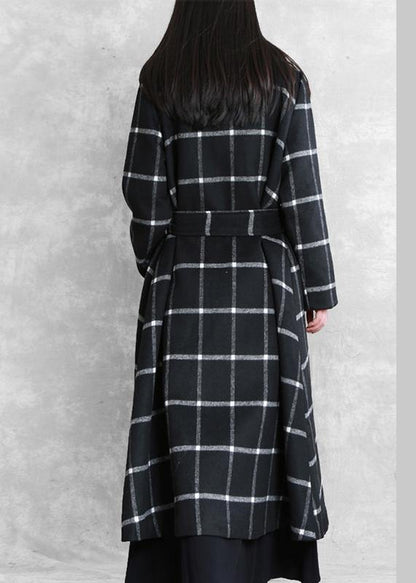 Long Coats Woolen Outwear Black Plaid Notched Tie Waist Woolen Overcoat