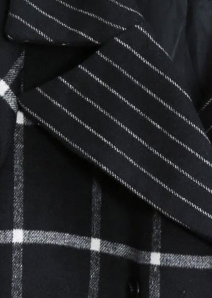 Long Coats Woolen Outwear Black Plaid Notched Tie Waist Woolen Overcoat