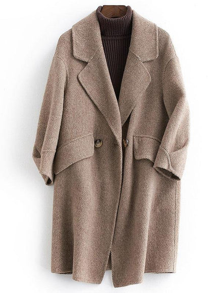 Pockets Outwear Khaki Notched Woolen Coat