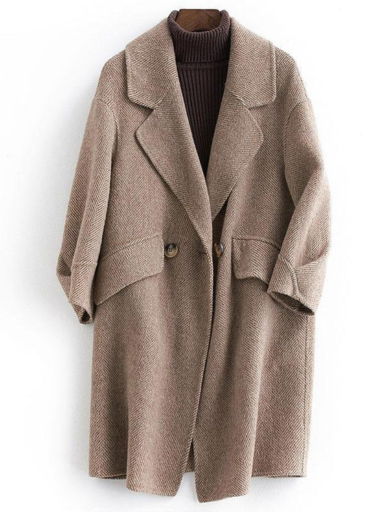 Pockets Outwear Khaki Notched Woolen Coat