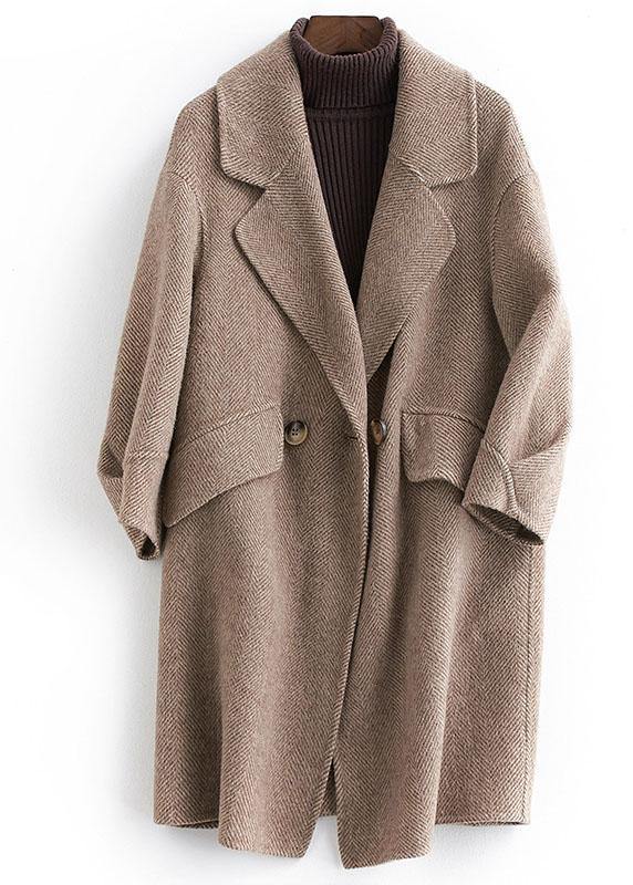Pockets Outwear Khaki Notched Woolen Coat